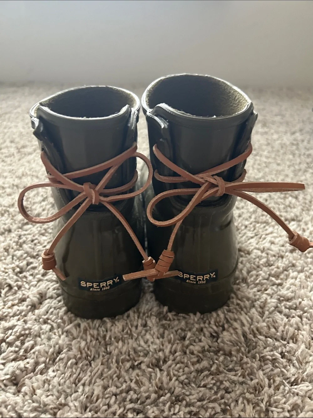 Sperry Olive Green Rain Boots with Brown Laces